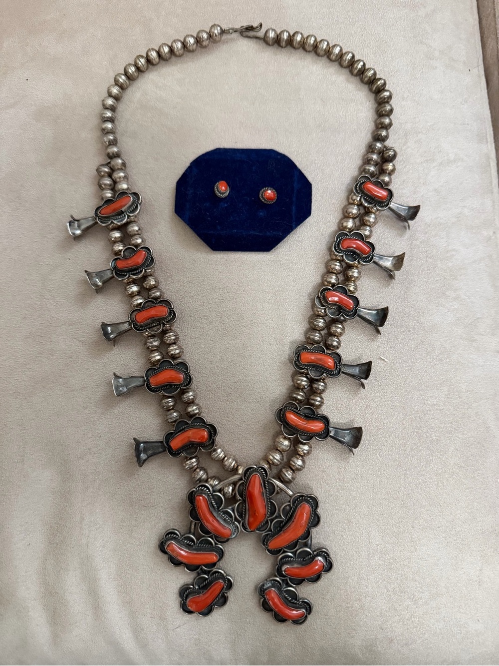 Sterling Silver Native American Squash Blossom Necklace with Coral Accents